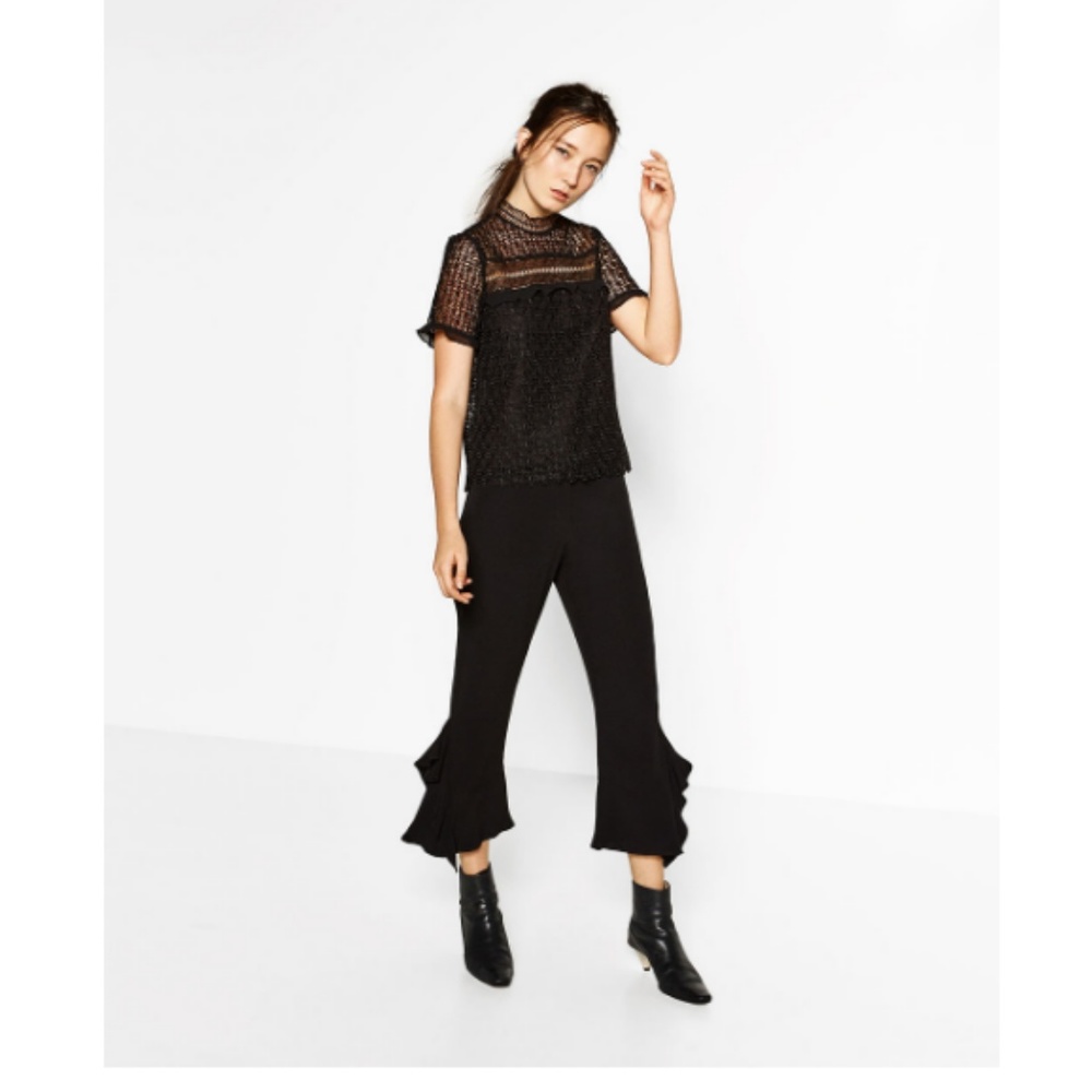 Zara High Rise Ruffle Leg Trouser Pants in Black